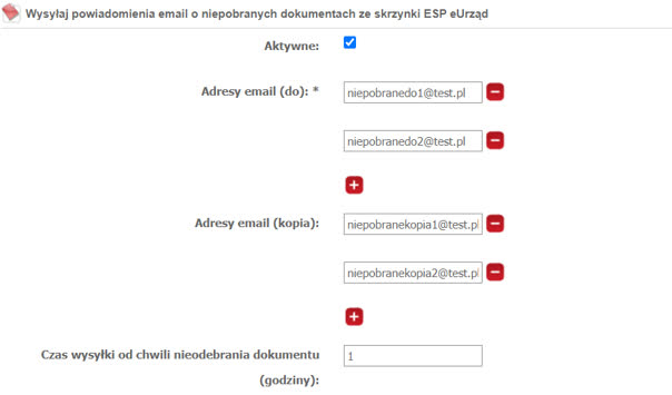 Rysunek 73 Wysyłaj powiadomienia email o niepobranych dokumentach ze skrzynki ESP eUrząd