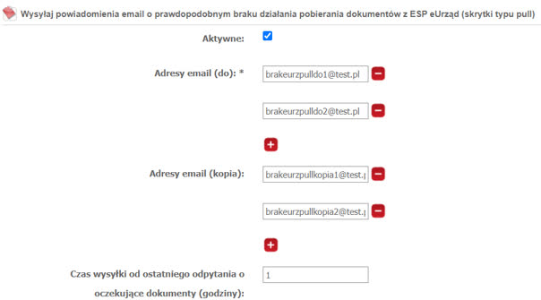 Rysunek 74 Wysyłaj powiadomienia email o prawdopodobnym braku działania pobierania dokumentów z ESP eUrząd (skrytki typu pull)